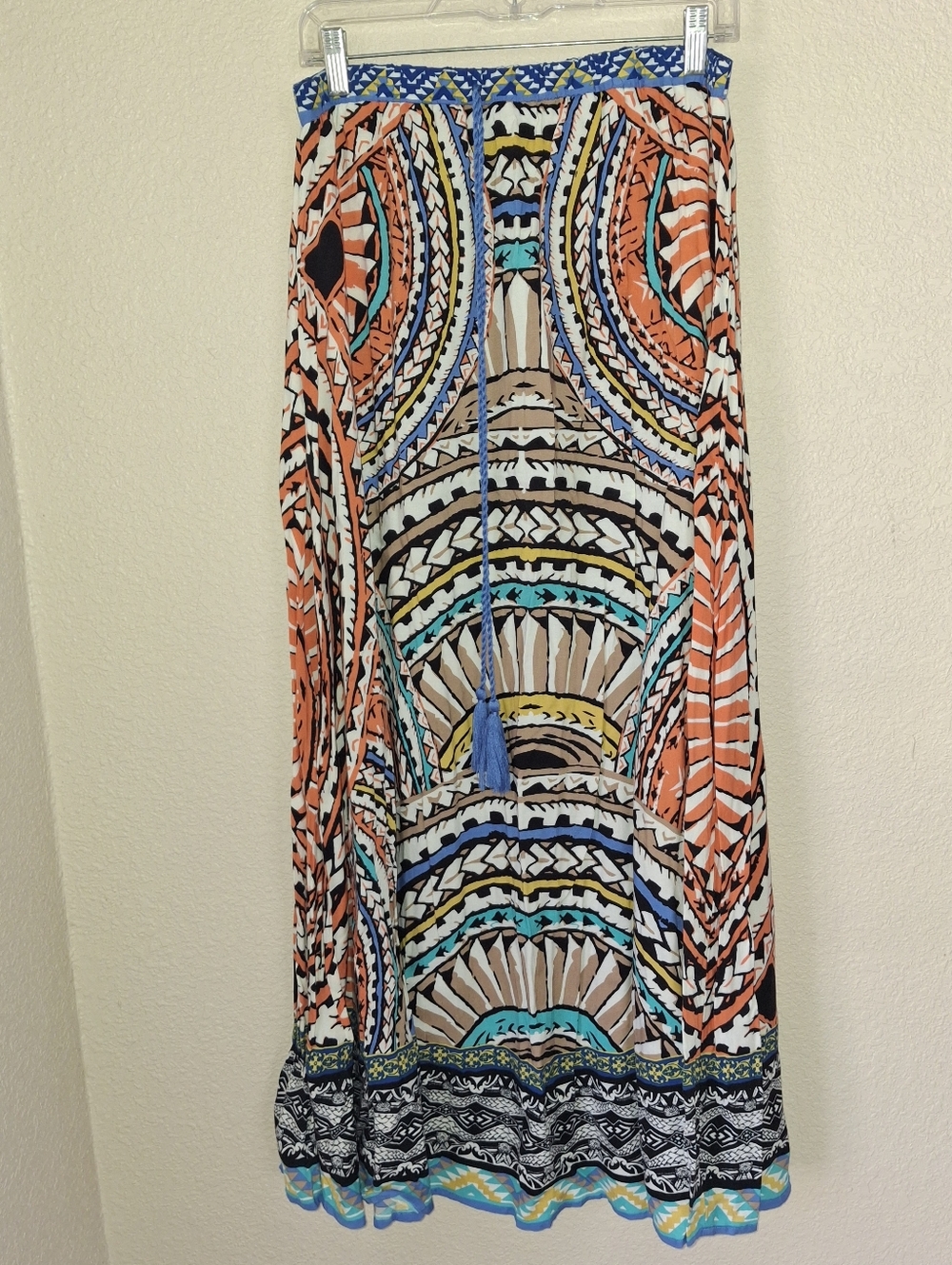 Bohemian Printed Maxi Skirt - Coral, Turquoise & Black Flying Tomatoe Large